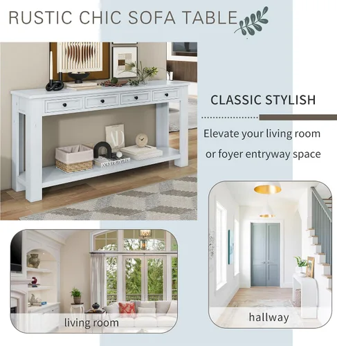 Vista 7 de JIVOIT Mesa consola rústica y elegante, mesa de consola rectangular de madera con cajones de almacenamiento y estante inferior para entrada Blanco
