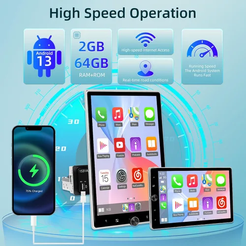 Vista 5 de [2+64G] Estéreo Android de un solo DIN para automóvil, radio de pantalla táctil giratoria de 10.4 pulgadas con Carplay inalámbrico y Android Auto