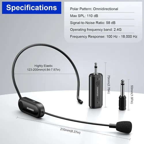 Vista 4 de Aokeo Auriculares de micrófono inalámbrico, sistema de micrófono inalámbrico UHF, rango de 160 pies
