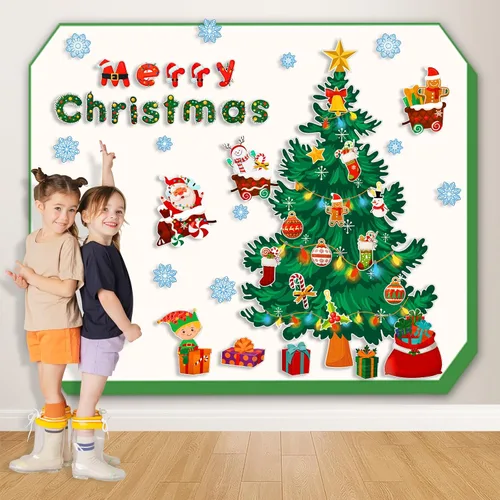 Vista 6 de Konsait Decoración de tablero de anuncios de árbol de Navidad, 56 unidades, cajas de regalo de copos de nieve de Papá Noel, recortes de Navidad