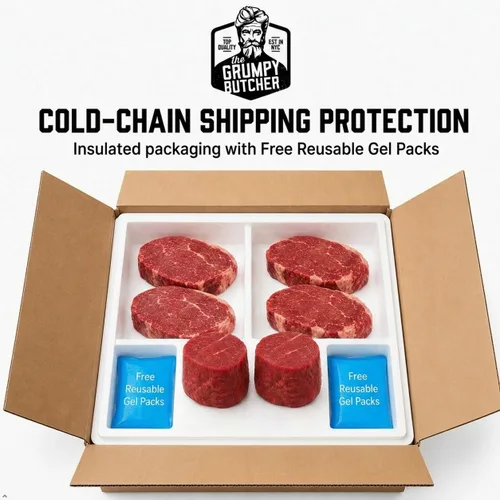 Vista 5 de Cesta de regalo Gourmet Butcher 6 cortes de carne de primera calidad – 4 solomillo superior y 2 filete miñón grande alimentado con pasto – Caja