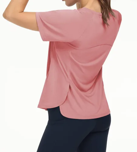Vista 3 de THE GYM PEOPLE Camisetas de entrenamiento de manga corta para mujer, camisetas de yoga transpirables con aberturas laterales