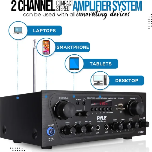 Vista 7 de Pyle - Amplificador de potencia de sonido doméstico para karaoke mejorado con entrada auxiliar, bluetooth, USB, 2 entrada de micrófono con eco