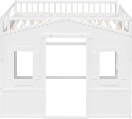 Vista 6 de Cama tipo loft de techo de casa de tamaño matrimonial con escalera, marco de cama de madera que ahorra espacio con barandilla y ventana