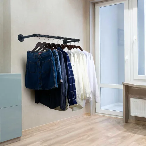 Vista 4 de WEBI Perchero de montaje en pared, 24 pulgadas de tubería industrial para colgar ropa, barra de hierro resistente, barra de ropa de exhibición al