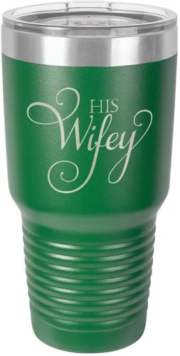 Vista 22 de Taza de viaje de acero con recubrimiento de polvo grabado con láser, con grabado «HIS WIFEY» de 325 ml, sin BPA, para mantener tu bebida fría