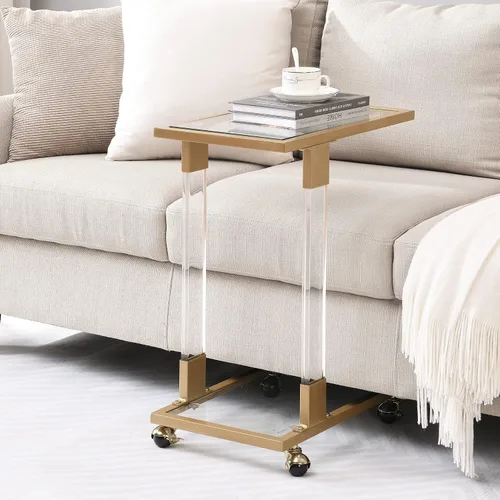Vista 13 de Mesa auxiliar móvil ajustable con ruedas, mesa auxiliar para sofá con ruedas, mesa auxiliar de sofá en forma de C, escritorio sobre la cama, mesita