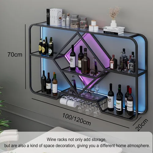 Vista 2 de Estantes para vinos, estantes de bar montados en la pared con soporte colgante para copas de vino, mini bar, licor, bar, botella, estante flotante