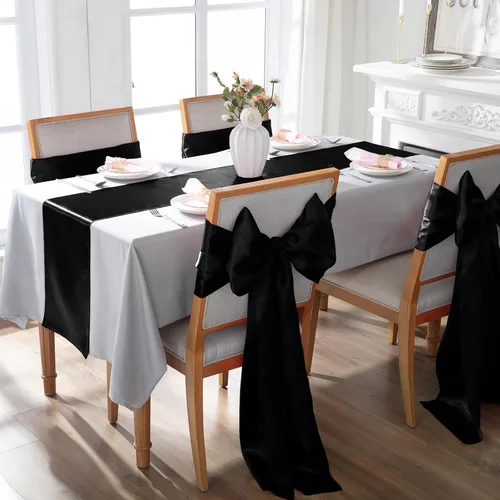 Vista 3 de Paquete de 2 caminos de mesa negros de 12 x 108 pulgadas, camino de mesa rectangular de seda satinada suave para bodas, banquetes, decoración