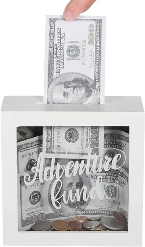 Vista 2 de 6x6 White Shadow Box Adventure Fund Mapa del mundo Caja de ahorro de dinero de madera, caja de memoria de fondos de viaje, exhibición decorativa