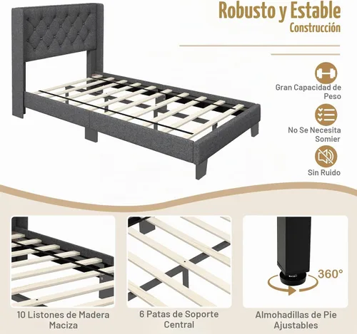 Vista 6 de GIANTEX - Base de cama individual para niños, cama tapizada de tela moderna con cabecera capitoné con botón de alas en la parte trasera, listones