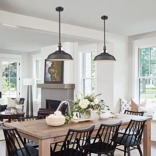 Vista 5 de CLAXY - Lámpara colgante negra para granja, barra colgante de granero Dimmable E26 Indoor Kitchen Hanging Pendant Light Fixture-15.3" Diameter