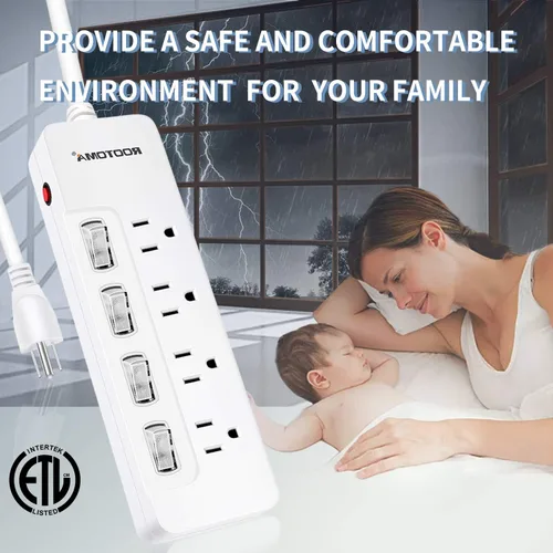 Vista 3 de ROOTOMA Regleta protectora de sobretensiones con interruptores individuales, certificado ETL, cable de extensión largo de 6 pies 14 AWG 1875 W/15 A