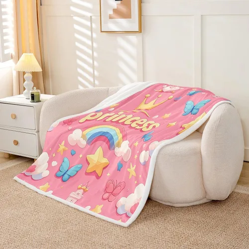 Vista 3 de Princess Flannel Blanket All Seasons,Rainbow Cloud Stars Butterfly Bed Blanket for Kawaii Home Decor,Dreamy Fairy Tale Castle Blanket for Kids Girls