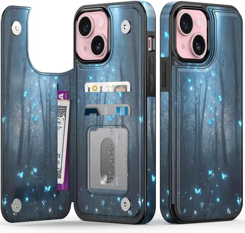 Vista 64 de FUNMIKO Funda tipo cartera para iPhone 15 con tarjetero + clip para efectivo, bloqueo RFID, protección contra caídas de grado militar y obras