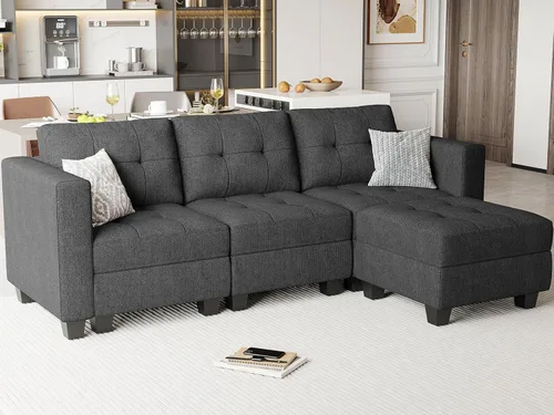 Vista 13 de Belffin Sofá modular modular con otomana de almacenamiento, sofá moderno en forma de L de tela con diván para espacios pequeños, azul