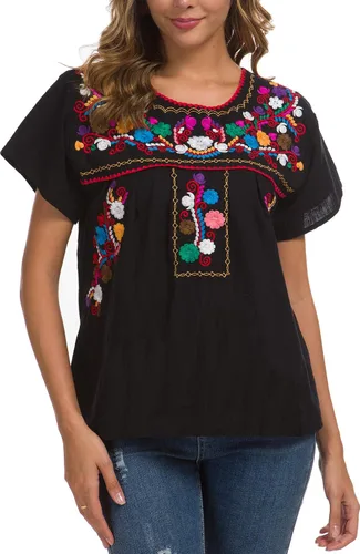 Vista 7 de YZXDORWJ - Cómoda blusa mexicana bordada de verano y sin mangas para mujer