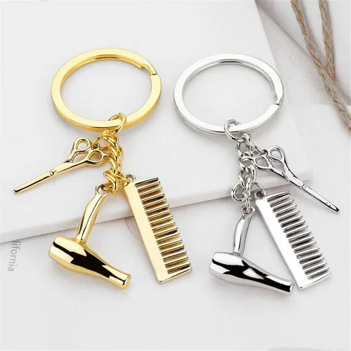 Vista 2 de Wixine 2 unids peluquero secador de pelo tijera peine llavero creativo llavero joyería regalos, Blanco,Oro