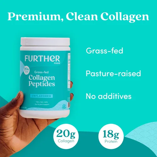 Vista 3 de Further Food - Polvo de péptidos de colágeno insípido - 100% alimentado con pasto, tipo 1 y 3 hidrolizado, 20g de colágeno por porción, apoya