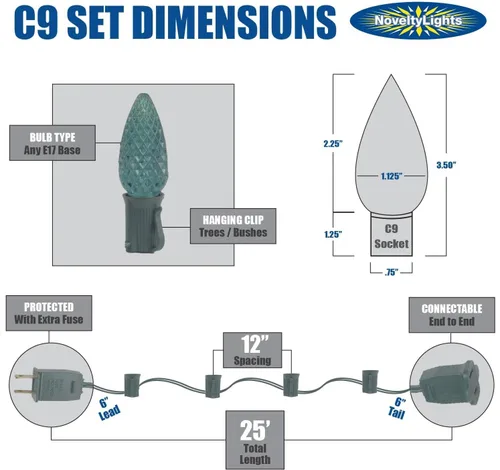Vista 5 de Juego de luces de Navidad transparentes C9, cadena de luz para interior o exterior, para árbol de Navidad, luces colgantes para la línea de techo