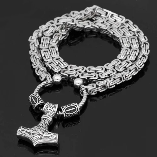 Vista 2 de VikingsBrand - Collar de cadena para hombre con colgante de Mjolnir y dos cuentas de estilo rústico