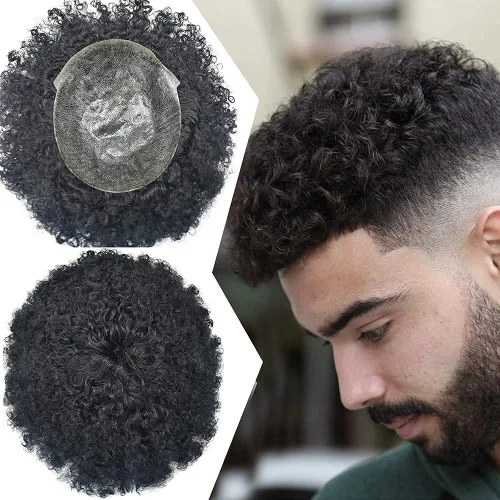 Vista 7 de Unidad de cabello humano para hombres afroamericanos africanos americanos, cabello brasileño afro tupé para hombres negros de 0.236 in de onda de #1