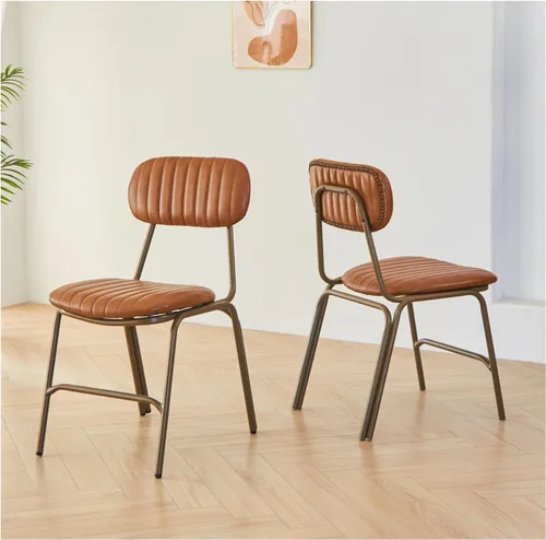 Vista 13 de Juego de 2 sillas de comedor modernas de mediados de siglo, sillas retro con asiento/respaldos tapizados de piel sintética y patas de metal Negro