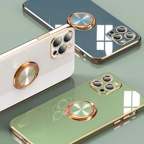 Vista 2 de aowner Funda compatible con iPhone 11 Pro Max con anillo chapado brillante, borde de oro rosa, soporte de rotación de 360 grados para mujeres