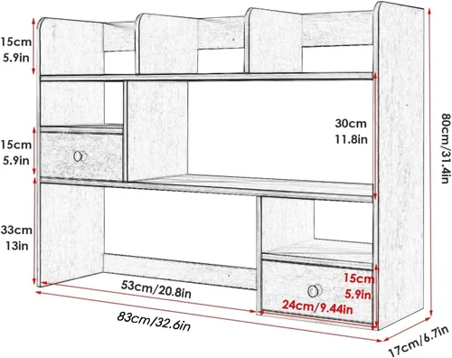 Vista 2 de Organizador de escritorio – Estante de almacenamiento de oficina, estantería de escritorio, estantería de encimera con 2 cajones, organizador
