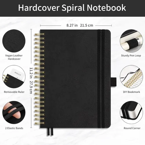 Vista 2 de EMSHOI Cuaderno con espiral de la universidad rayado, 300 páginas numeradas, A4 tapa dura grande de cuero, cuaderno rayado grueso de 100 g/m²