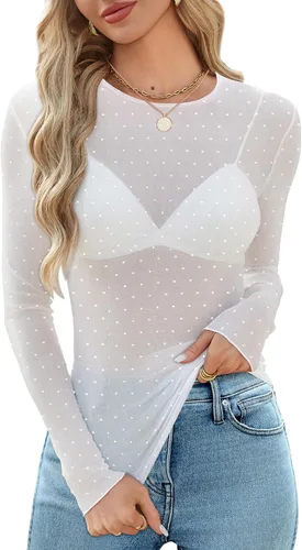 Vista 8 de OFEEFAN - Blusas de malla para mujer con manga larga y encaje, camisetas de cuello redondo ajustadas y transparentes Champán