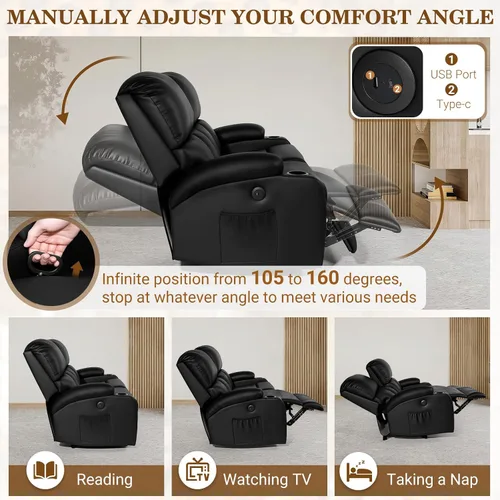 Vista 5 de CHABATREE Sofá reclinable con masaje y calor, asiento de cine en casa, sofá biplaza reclinable manual para caravana con soportes USB/tazas
