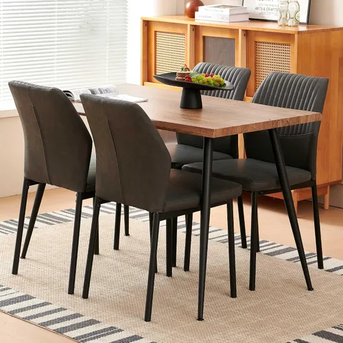 Vista 45 de Juego de mesa de comedor para 4, mesa de comedor rectangular irregular de madera moderna, sillas de comedor de cuero, 4 mesas y sillas, juego de 4