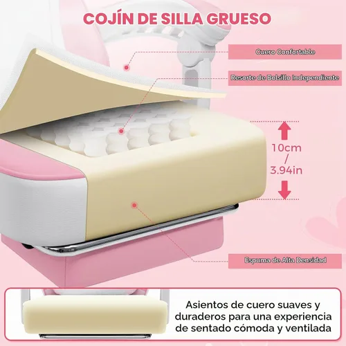Vista 6 de HOFFREE Silla Rosa para Juegos con Orejas de Gato y Almohada Lumbar de Masaje en Forma de Nube, Silla Ergonómica Linda para Computadora para Niñas