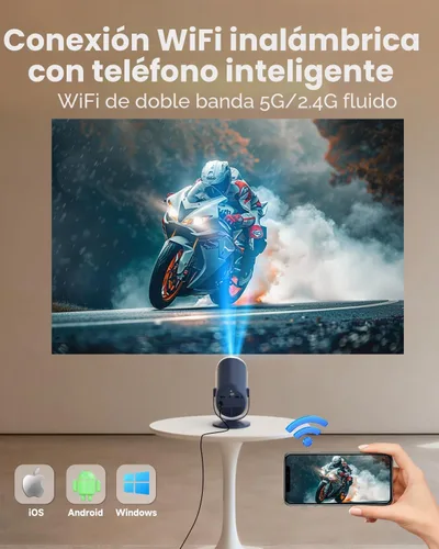 Vista 2 de Mini proyector para iPhone, proyector de películas portátil con WiFi y Bluetooth, soporte de 1080P, proyector de video giratorio de 240°