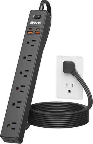 Vista 8 de Regleta protectora de sobretensiones de 10 pies, 7 tomacorrientes, 4 puertos USB (2 USB C), cable de extensión plano ultrafino y enchufe plano, 1700