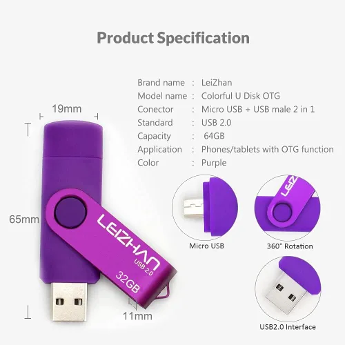 Vista 4 de 32 GB OTG USB Flash Drive 64 gb128gb Pendrive de metal para teléfono inteligente Android Micro USB Pen Drive USB 2.0 para Samsung, Huawei, Púrpura