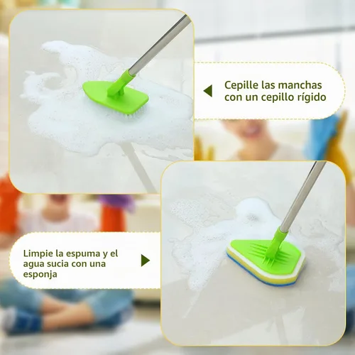 Vista 6 de Cepillo de limpieza con mango largo, 2 en 1, extensible, para baño, con 2 cerdas rígidas y 4 esponjas con mango largo, limpiador ligero desmontable