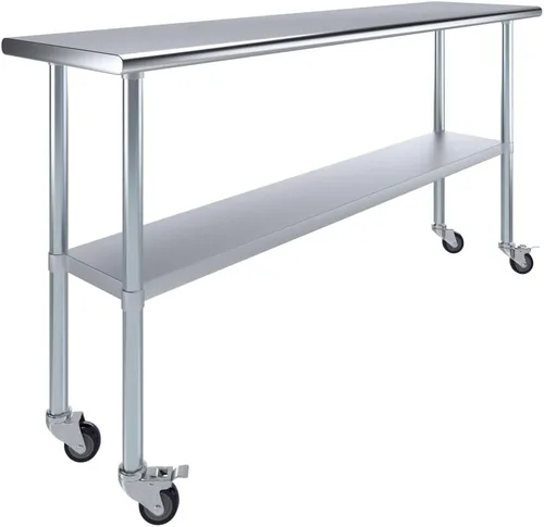 Vista 12 de Mesa de trabajo comercial de acero inoxidable con estante inferior y ruedas (24x72)