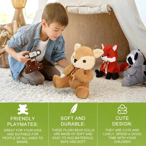 Vista 7 de Zomiboo Juego de 4 piezas de animales de peluche del bosque, de la selva, incluye peluche de alce, zorro, mapache, oso, realista, negro, animales