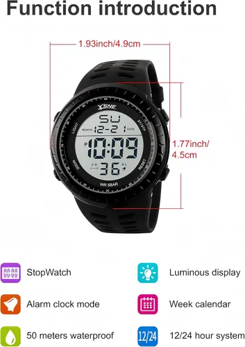 Vista 3 de Reloj deportivo digital resistente al agua para exteriores, fácil de leer, luz trasera, color negro, cara grande para hombre 1167, Negro, 49 mm