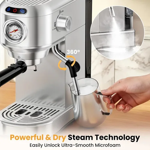 Vista 11 de Máquina de café espresso de 20 bares, cafetera compacta con espumador de leche, cafetera de acero inoxidable con tanque de agua extraíble de 34