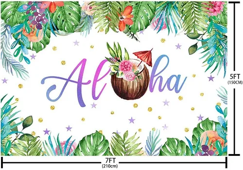 Vista 5 de Decoraciones de fiesta hawaiana de verano de 7 x 5 pies, telón de fondo Aloha para playa, palmera tropical, hojas verdes de coco, fondo