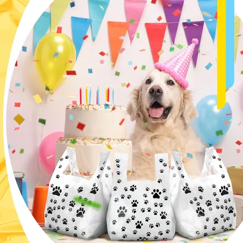 Vista 5 de Outus 50 bolsas con estampado de patas, bolsas de regalo para mascotas, bolsa de plástico para cachorros, suministros de decoración de cumpleaños