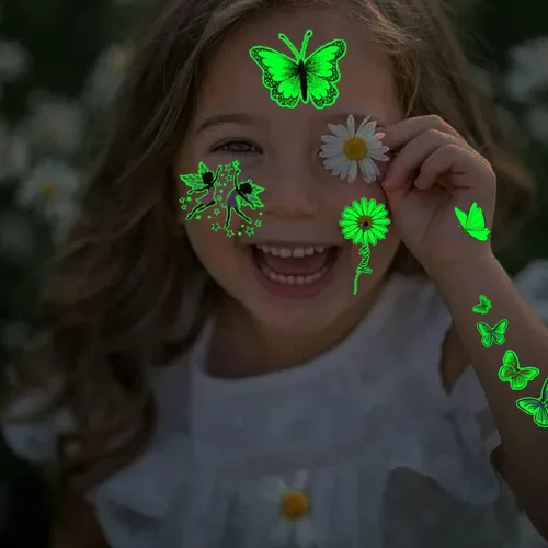 Vista 5 de CHARLENT Tatuajes de mariposa luminosos para niños, 14 hojas que brillan en la oscuridad, tatuajes temporales de hadas de mariposa para niñas