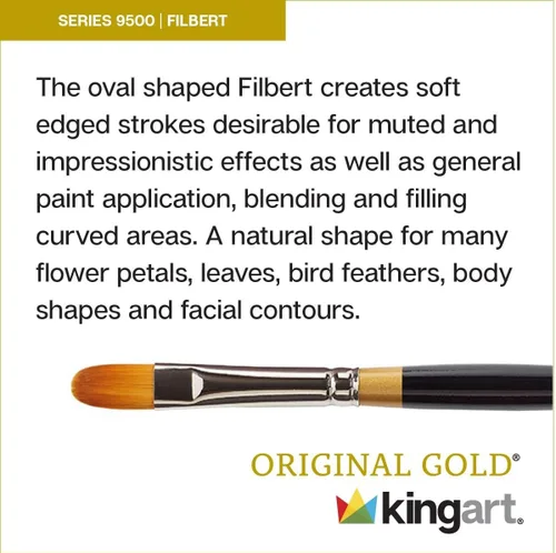 Vista 3 de KINGART Premium Original Gold 9500-2 Filbert Series - Cepillo para artista, pelo sintético Taklon dorado, mango corto, para acrílico, acuarela