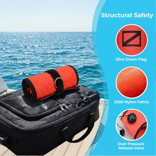 Vista 5 de DSMB Surface Marker Buoy with 100ft Finger Spool Reel Diver Below Signal Flag Tube Scuba Diving Equipment Open Bottom Set