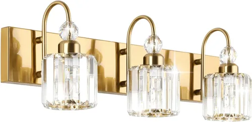 Vista 42 de Ralbay Modernas luces LED de cristal para tocador de baño, 3 luces de acero inoxidable, luces de tocador de cristal sobre el espejo, accesorios