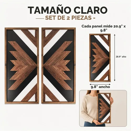 Vista 4 de 2 piezas de decoración de pared azteca con marco de madera, arte de pared occidental de madera de 20.9 x 9.8 pulgadas, decoración rústica del hogar