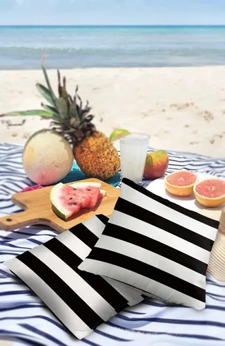 Vista 3 de Fundas de almohada de exterior impermeables de 16 x 16 pulgadas, fundas de almohada de poliéster con rayas blancas y negras, fundas decorativas